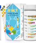 Freaking Easy 125 Pack Salt Water Pool Test Strips Kit For Hot Tub Spa Testing displayed with test strips, storage bottle, and test color guide.