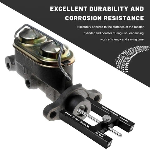 Hella Tight Brake Booster Adjustment Tool With Magnetic Aluminum Body And Adjustable Pin For Master Cylinder Push Rod Length Gauge, showing master cylinder with adjustment tool.
