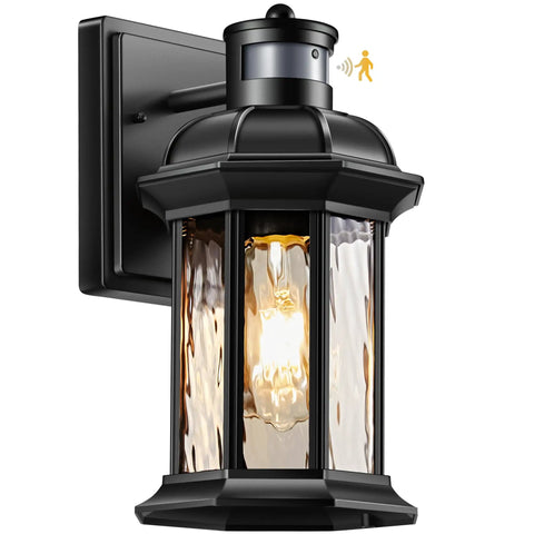 Motion Sensor Outdoor Porch Lights Modern Black Exterior Wall Mount Sconces With Ripple Glass 100 Percent Aluminum Anti Rust Waterproof Design For Garage Entryway Dusk To Dawn Sensor Adjustable Brightness And Easy No Fuss One Button Control