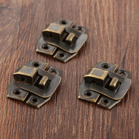Three Antique Bronze Box Hasp Lock Set 20Pcs Vintage Jewelry Box Latches 24x19mm on wooden surface
