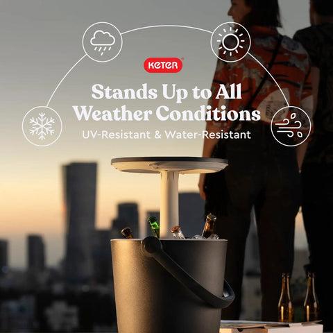 Go Bar 4.2 Gallon Portable Beer And Wine Cooler With Hidden Ice Storage, pop-up cocktail table with sturdy handle in sunset cityscape