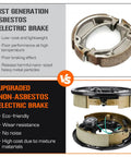 Trailer electric brake components: side-by-side 1st-gen vs upgraded non-asbestos brakes with two brake assemblies.