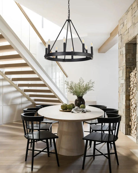 Dining room with Eight-Light Wagon Wheel Chandelier in Black, Farmhouse Meets Modern Industrial, Round Pendant Lights With E12 Sockets