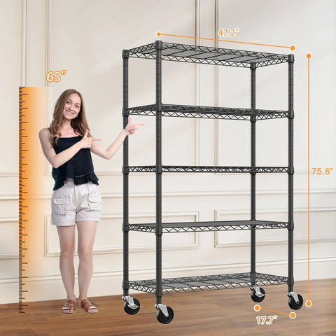 Heavy Duty 5 Tier Wire Shelving Unit Adjustable Black Metal Rack Ironclad Carbon Steel Construction next to a person for scale.