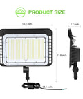 Front and side view of 150W LED Flood Light with Dusk to Dawn Sensor, showing dimensions and adjustable knuckle mount.