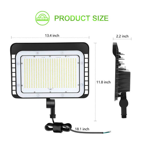 Front and side view of 150W LED Flood Light with Dusk to Dawn Sensor, showing dimensions and adjustable knuckle mount.