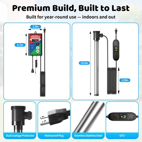Beefed Up 3500W Immersion Water Heater Dishes Out Insta Hot Water For Bathtub stock tank or pond hookups with zero fuss, features thermostat and GFCI.