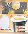 Comparison showing Powerful 1300W Grain Mill Grinder Electric Corn Grinder with detachable 6.6-gallon bucket against other grinder causing debris