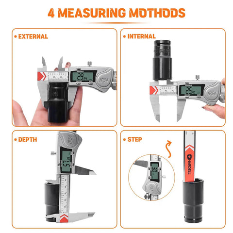 Heavy Duty 8 Inch Digital Caliper With IP54 Splash Proof Stainless Steel Build Auto Off showing four measuring methods