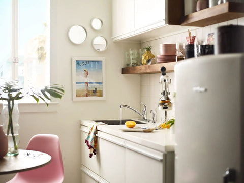 Modern kitchen with white cabinets featuring Chateau Chrome Single Handle Kitchen Faucet With Protege Side Spray 4 Hole Mount Model 67430 Replacement Part Durable Build Easy Install Classic Style For Any Kitchen Renovation