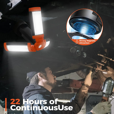 Rechargeable 12000mAh Camping Light With Adjustable Stand And 3 LED Heads, shown in use under a car with magnetic attachment.