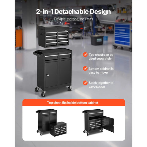 Rolling Tool Chest And Cabinet Set 2 In 1 Design With Five Drawers And Detachable Top Tool Box in garage setting