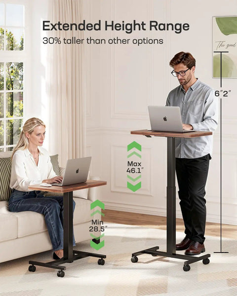 Man and woman using Mobile Standing Desk With Wide Height Range From 28.5 To 46.1 Inches, showing height adjustments, walnut finish