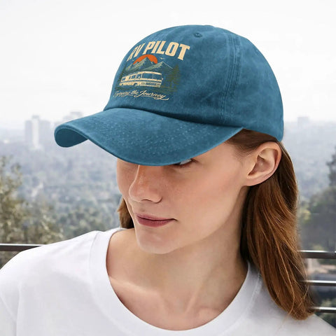 Woman wearing Funny RV Pilot Hat For Men Cyan Blue Camper Road Trip Cap With Adjustable Strap Trendy Vacation Style Dad Hat