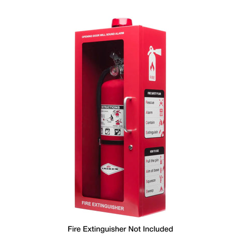 Red Wall Mount Fire Extinguisher Cabinet With Alarm And Lock And Clear Acrylic Break Glass Window Durable Metal Box That Fits 2.5 5 And 10 Pound Extinguishers For Quick Access Safety