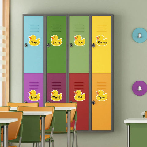 Classroom lockers with Yellow Rubber Duck Name Tag Stickers 120 Pcs Set For Classroom Decor And School Supplies Cute Duck Shaped Nameplates