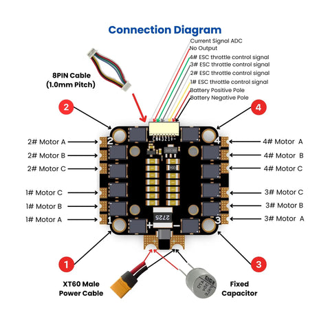 Connection diagram of Beefy 45A 4In1 ESC for FPV freestyle drones, showing channels and wiring for 2-6S support.