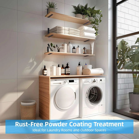 6 Pack Heavy Duty 12 Inch Black L Shelf Brackets for Floating Shelves installed above laundry appliances, showing robust wall support.