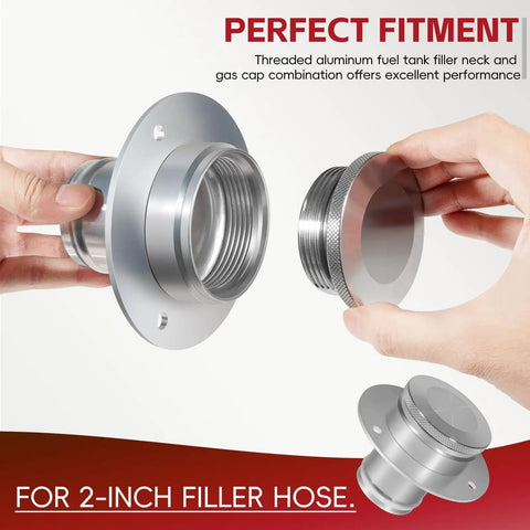 Billet Aluminum Remote Fuel Tank Filler Neck Kit With Gas Cap And Weld On Steel Bracket Fits 2 Inch Filler Hose Remote Fuel Cell Filler Straight Neck For Easy No Sweat Fuel Filling.