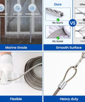Comparison of 300 Feet One Eighth Inch Stainless Steel Cable Railing Kit With T316 Wire Rope 7x7 Strands, showing anti-corrosion and flexibility.