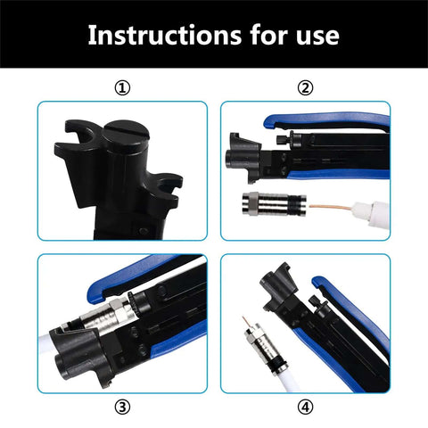 Instructions for Adjustable Coax Cable Crimp Kit With Stripper And 20 F Compression Connectors For RG6 RG59 RG11