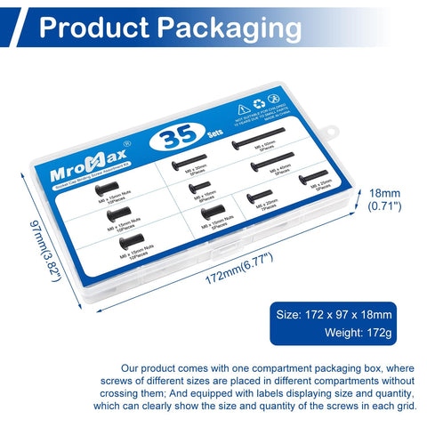 Packaging for 35 Sets Black M6 Hex Drive Socket Cap Bolts Screws Kit For Furniture And Cabinets with size details.