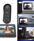 Smart Video Doorbell System With 1080P Camera, 4.3 Inch Display, shown in use and installed on a door along with real-time monitoring screen.
