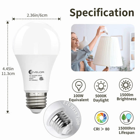 6-Pack A19 LED Light Bulbs That Do 100W Equivalent Daylight 5000K Brightness, Super Efficient 13W, 1500 Lumens, E26 Base, Non-Dimmable, 15000-Hour Lifespan For Bedroom, Living Room, Office shown with specifications and installation image
