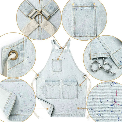 Denim Tool Shop Apron For Hairstylists With Five Pockets, Cross Back Straps, Adjustable From S To M, Salon Pro Ready Light Blue Painted Denim