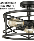 Farmhouse Black Ceiling Light 3 Light Rustic Metal Caged Fixture With Industrial Style Semi Flush Mount Drum Light close-up view