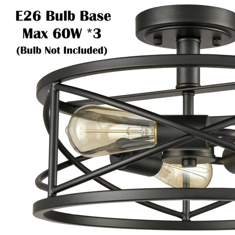 Farmhouse Black Ceiling Light 3 Light Rustic Metal Caged Fixture With Industrial Style Semi Flush Mount Drum Light close-up view