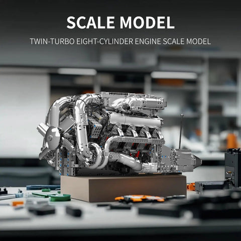 V8 Twin Turbo Engine Model Kit That Runs With Battery And Motor, 2899+ Piece Building Blocks Set For Adults And Teens, Realistic Engineering STEM Toy For Car Nerds scale model on display