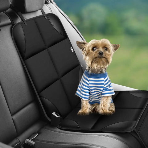 Dog sitting on Kid Car Seat Protector For Back Seat, Durable 600D Fabric Waterproof Cover With Thick Pad And Non Slip Backing, 2 Pack, Black