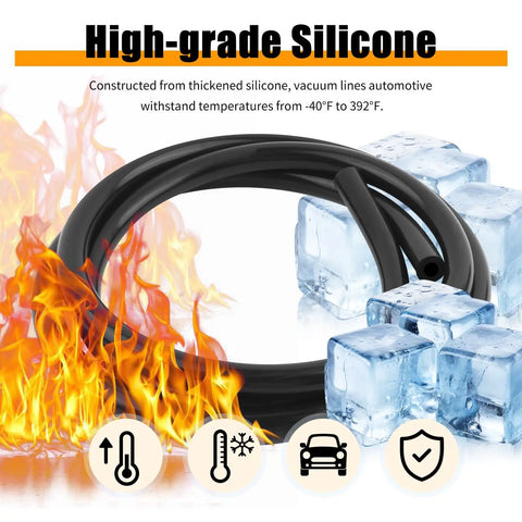 Heavy Duty 6Pc Vacuum Hose Kit With Cutter! Get These Multi Size Silicone Lines For Car Air And Water Transport. Black silicone vacuum hose with heat and cold icons