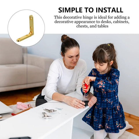 Child and adult assembling furniture using Wooden Box Hinges Set, Folding 90 Degree Zinc Alloy Hardware, focused on gold hinge example.