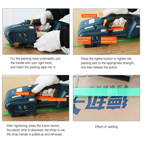 Heavy Duty Slick Portable Battery Powered Electric Strapping Tool Automatic PP PET Belt Packing Logistics Banding Machine showing user handling an adjustable strap button.