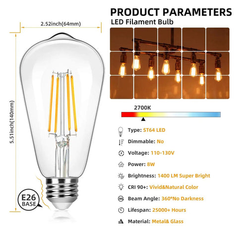 Diagram of 4 Pack Vintage Edison Style LED Light Bulbs ST64 8W 100W Equivalent 1400 Lumens 2700K Warm White E26 Base