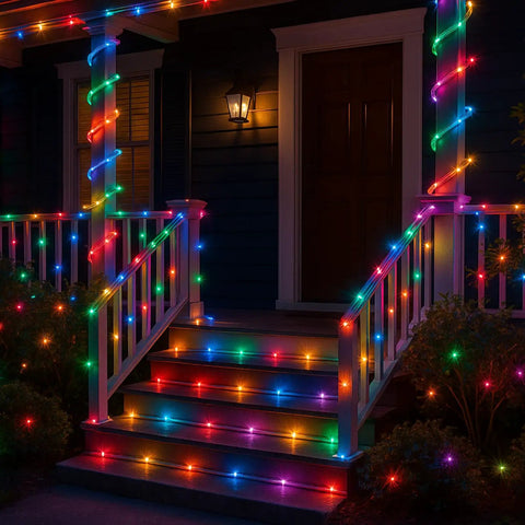 66ft Waterproof LED Rope Lights With Remote Color Changing Fairy String Lights 16 Colors 8 Modes For Indoors Or Outdoors Vibe Decor Patio Garden Party Wedding Halloween Christmas Bedroom Lighting illuminating a porch with colorful lights.