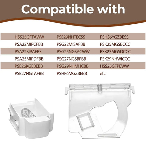 Ice dispenser crusher cover, compatible with various GE Hotpoint refrigerator models, showing part numbers and clear design.
