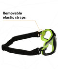 Solus 1000 Series Safety Glasses With Scotchgard No-Fog Coating featuring removable elastic strap with green and black frame