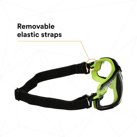 Solus 1000 Series Safety Glasses With Scotchgard No-Fog Coating featuring removable elastic strap with green and black frame