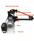 Heavy Duty Variable Speed Bench Belt Sander Beefed Up Workhorse For Metalworking And Knife Making Includes Grinding Discs And Mounting Base Runs Slick With 2200 Watt Motor, showing motor, belt deflection knob, and pedestal.