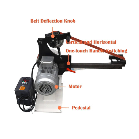 Heavy Duty Variable Speed Bench Belt Sander Beefed Up Workhorse For Metalworking And Knife Making Includes Grinding Discs And Mounting Base Runs Slick With 2200 Watt Motor, showing motor, belt deflection knob, and pedestal.