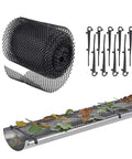 Leaf Guard Mesh Gutter Protector Screen For Outdoor Home And Roof Multipurpose DIY Friendly Shield To Prevent Clogs And Overflow Easy Cut To Fit Gutters Patio And Garden Coverage with 12 pegs, black roll and installed view with leaves.