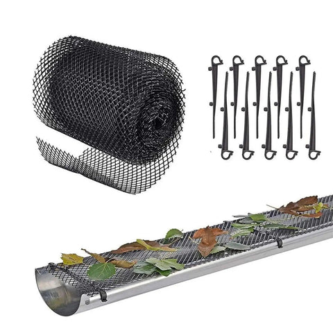 Leaf Guard Mesh Gutter Protector Screen For Outdoor Home And Roof Multipurpose DIY Friendly Shield To Prevent Clogs And Overflow Easy Cut To Fit Gutters Patio And Garden Coverage with 12 pegs, black roll and installed view with leaves.