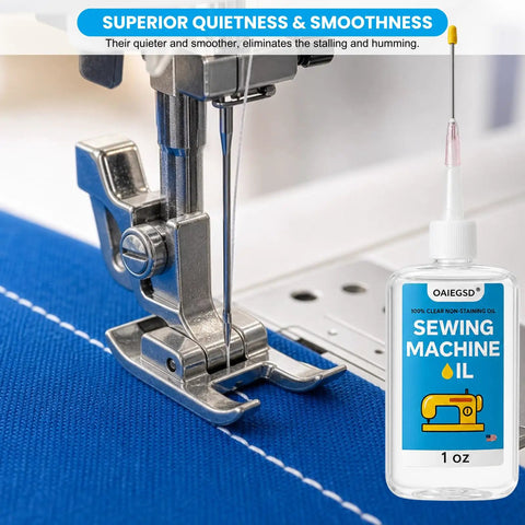 Clear Residue Free 1oz Fine Light Sewing Machine Oil with Applicator near sewing machine needle and blue fabric