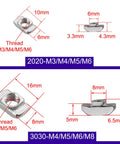 Diagram showing dimensions and thread sizes of Heavy Duty T Slot Nuts Set for 2020 and 3030 aluminum profiles.