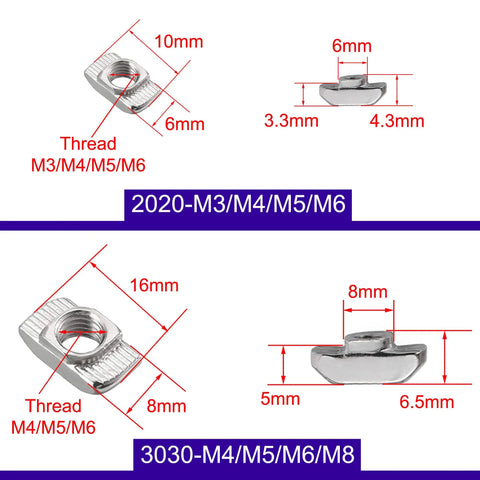 Dimensions and specifications of Beefy T Slot Nuts For 2020 Aluminum Profiles Kit 304 Stainless Steel Hammer Head Fasteners 100 Pcs