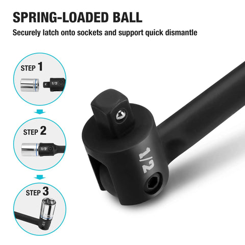 Rugged 24 Inch Breaker Bar Featuring 240 Degree Flex Head And Half Inch Square Drive with spring-loaded ball for socket attachment.