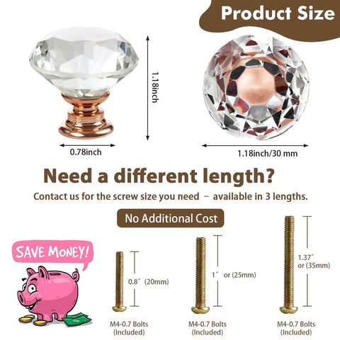 26 Piece Crystal Rose Gold Glass Cabinet Knob Set With 1-1/4 Inch Knobs and 3/4 Inch Bases, 30 mm Decorative Drawer Pulls